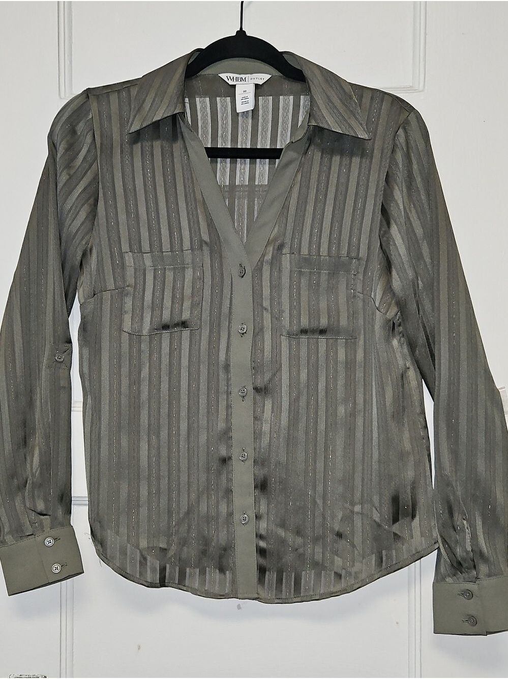 White House Black Market Olive Sheer Stripe Button Front Shirt